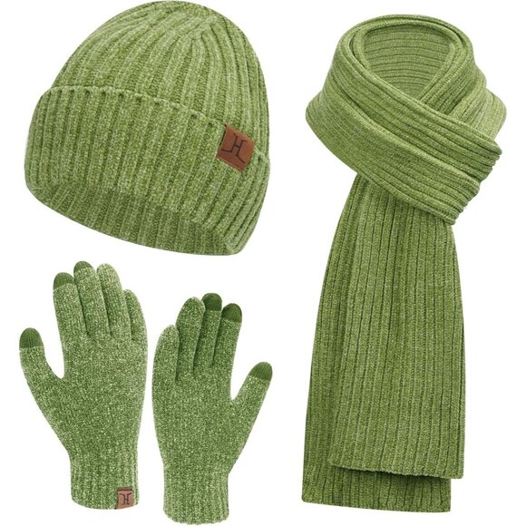 Winter Beanie Hat Scarf Gloves Set for Women and Men Green Warm Knit Gift Idea - Picture 1 of 6